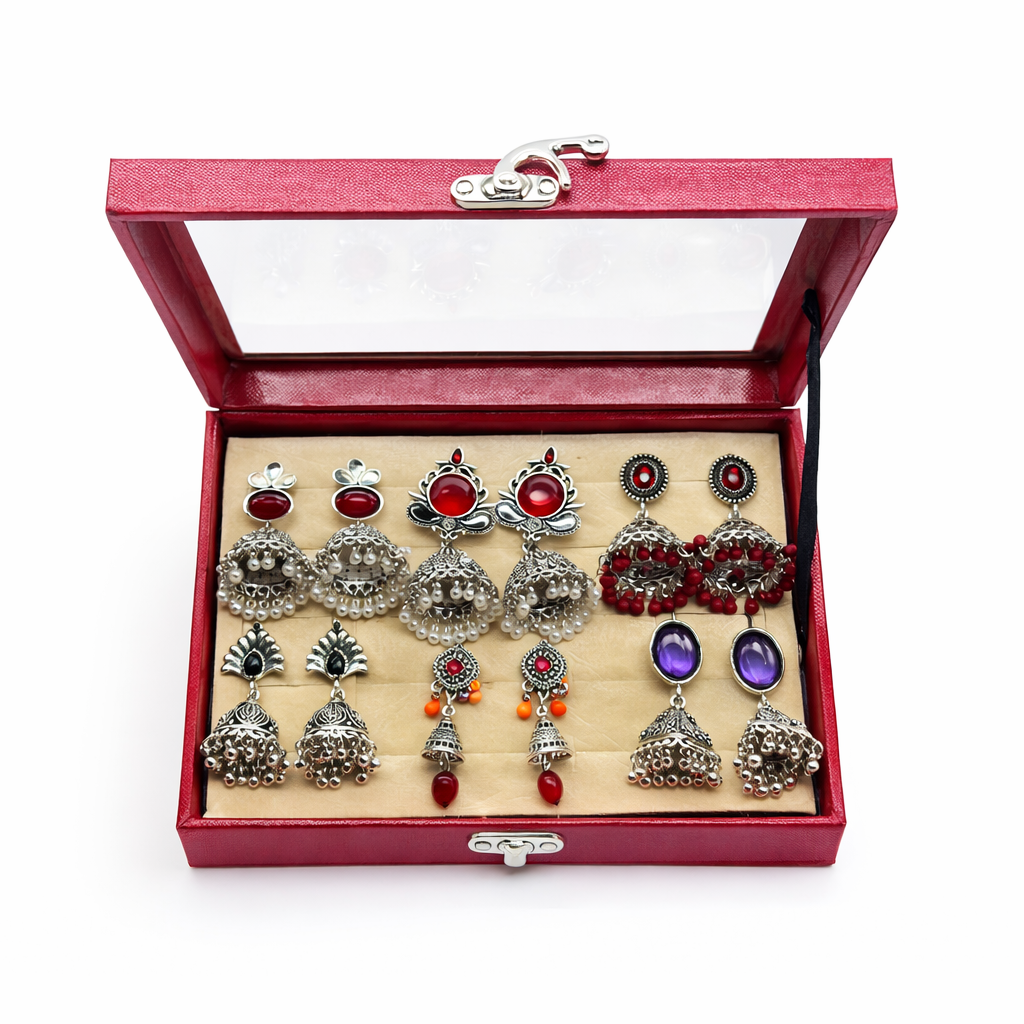 Oxidized Silver Jhumka Earrings Collection Box – Red Stone Ethnic Earrings Set