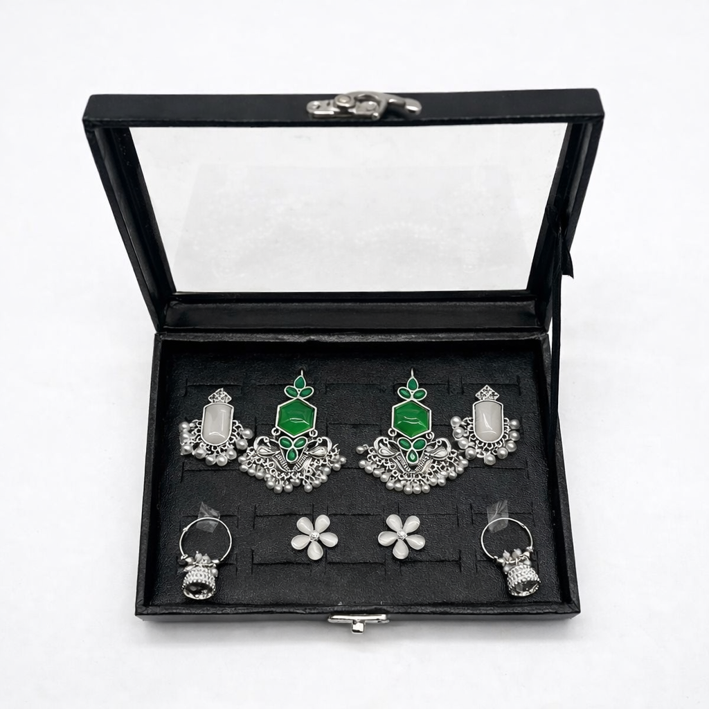 Green Stone Oxidized Earrings Collection Box – Traditional & Modern Earrings Set