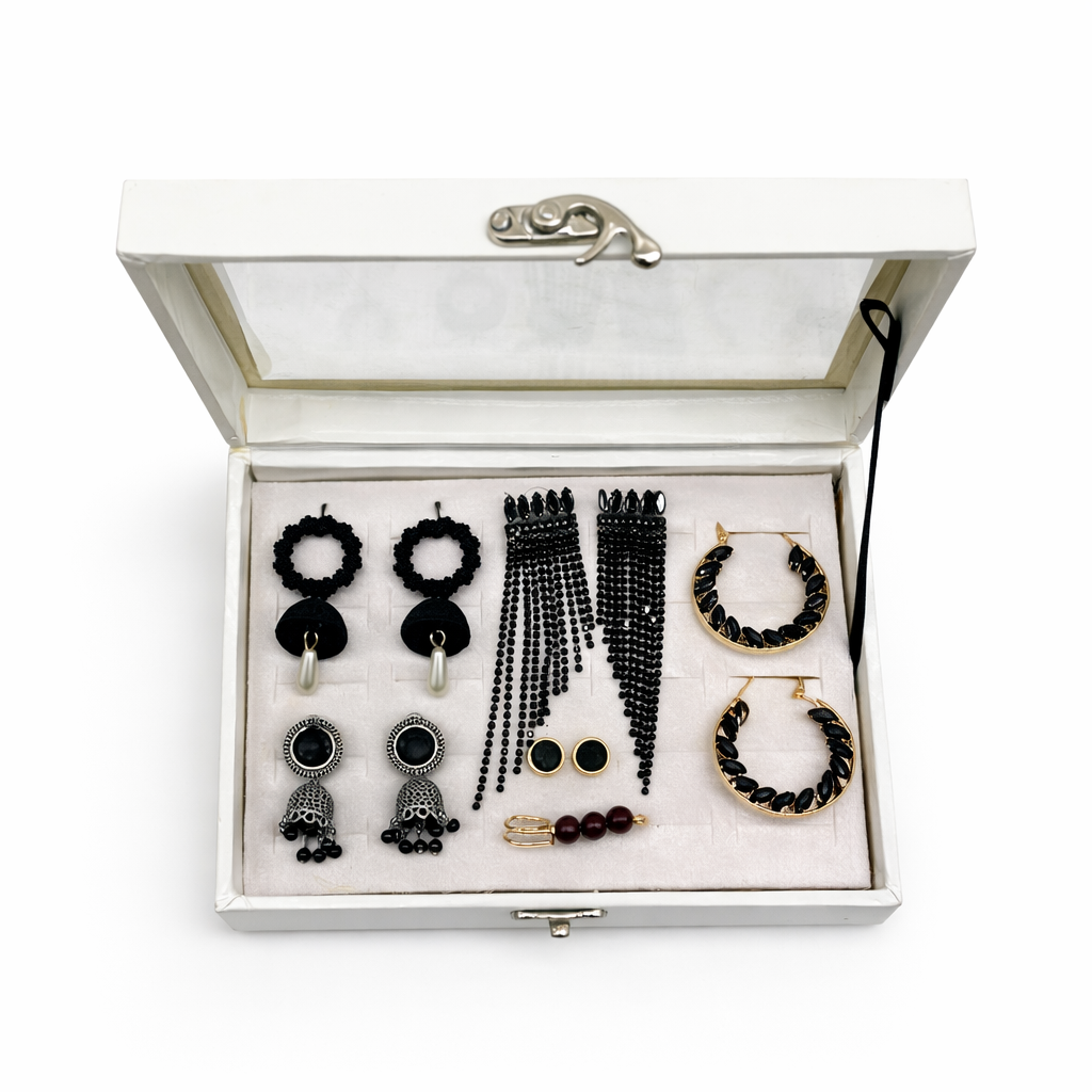 Black Statement Earrings Collection with Jewelry Display Box – Elegant Multi-Style Earrings Set
