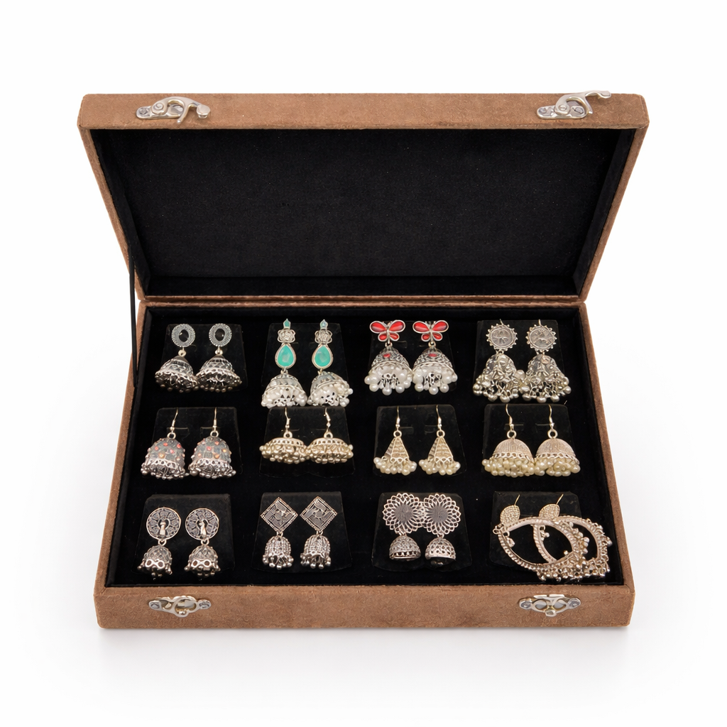 Elegant Silver Jhumka Earrings Collection in Velvet Jewelry Display Box