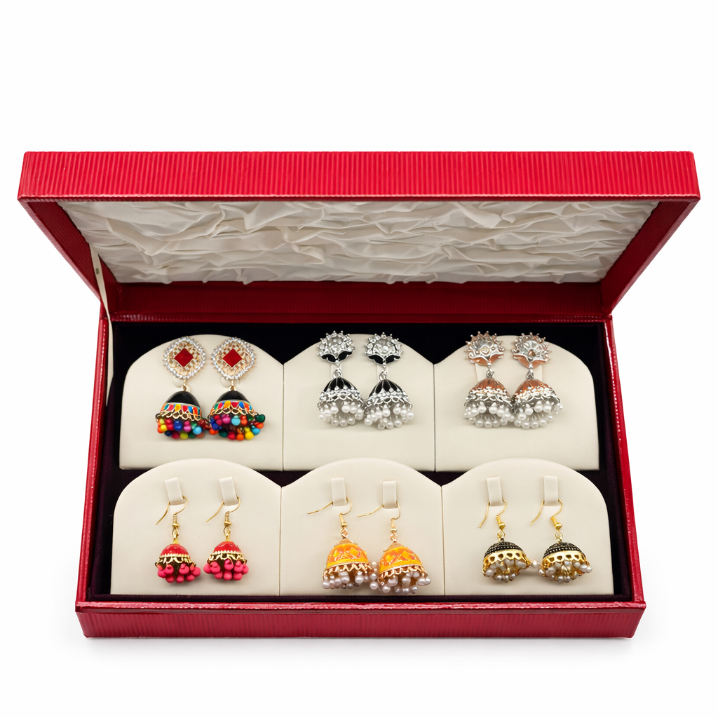 Elegant Jhumka Earrings Gift Set in Premium Red Jewelry Box
