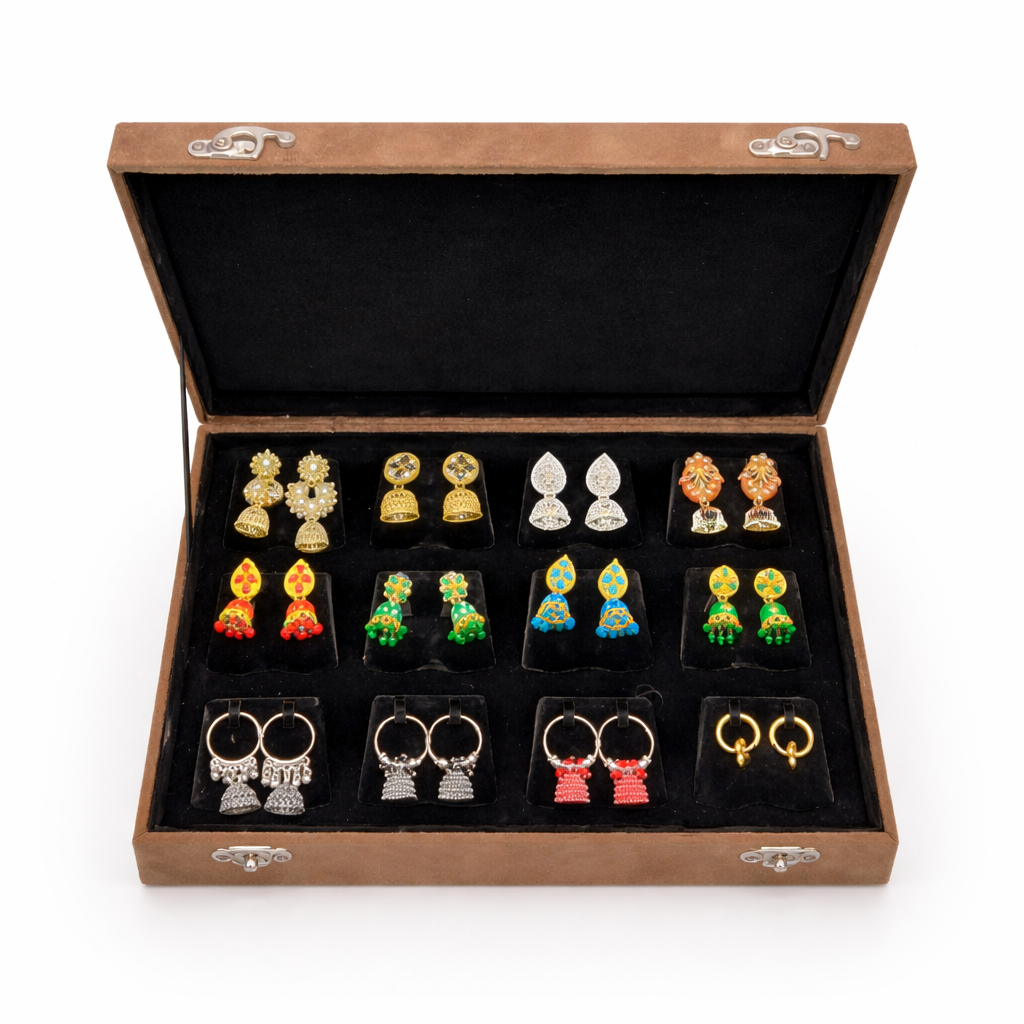 Colorful Jhumka & Hoop Earrings Collection in Velvet Jewelry Display Box