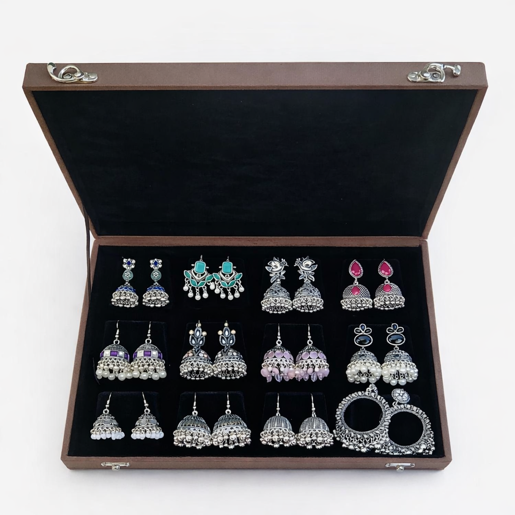 Premium Festive Jhumka Set – 12 Pairs Designer Oxidized Earrings in Velvet Box – Festive Wear