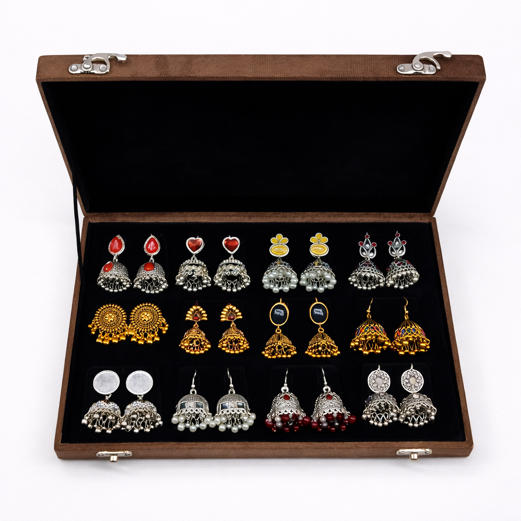 12 Pair Designer Jhumka Earrings Collection – Traditional Desi Jewelry Set with Premium Storage Box