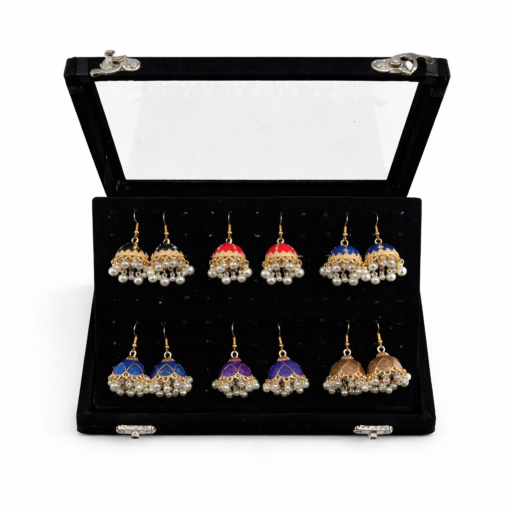 6 Pair Colorful Pearl Jhumka Earrings Set – Traditional Ethnic Earrings Collection with Display Box