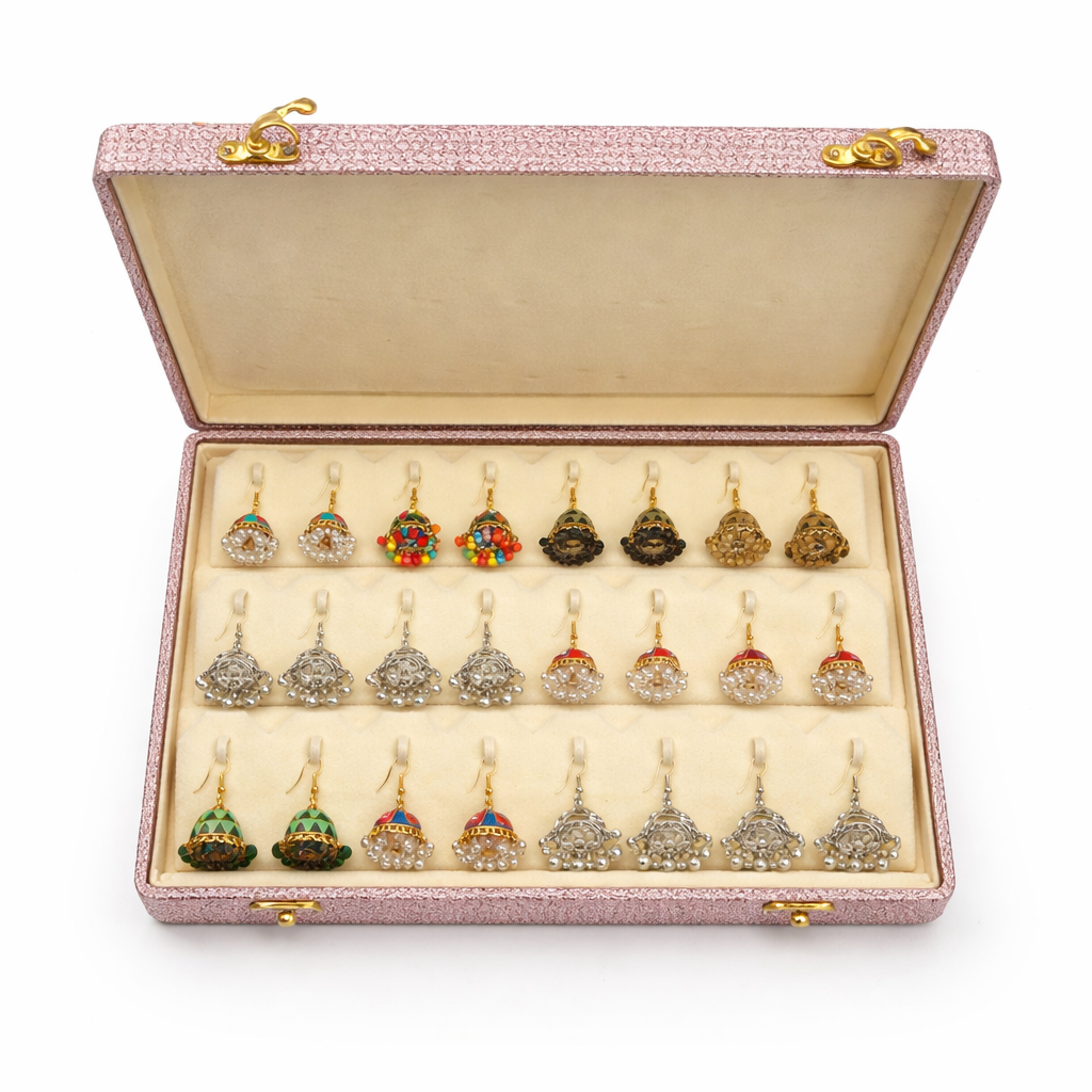 12 Pair Multicolor Traditional Jhumka Earrings Set – Ethnic Pearl & Antique Style Earrings Collection with Premium Jewelry Box