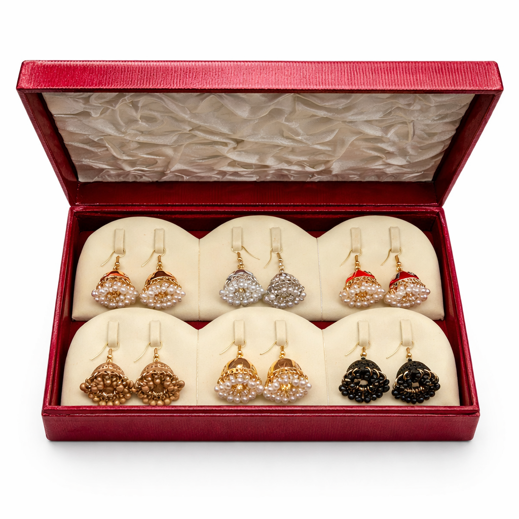 6 Pair Pearl Jhumka Earrings Set – Traditional Multicolor Ethnic Earrings with Premium Gift Box