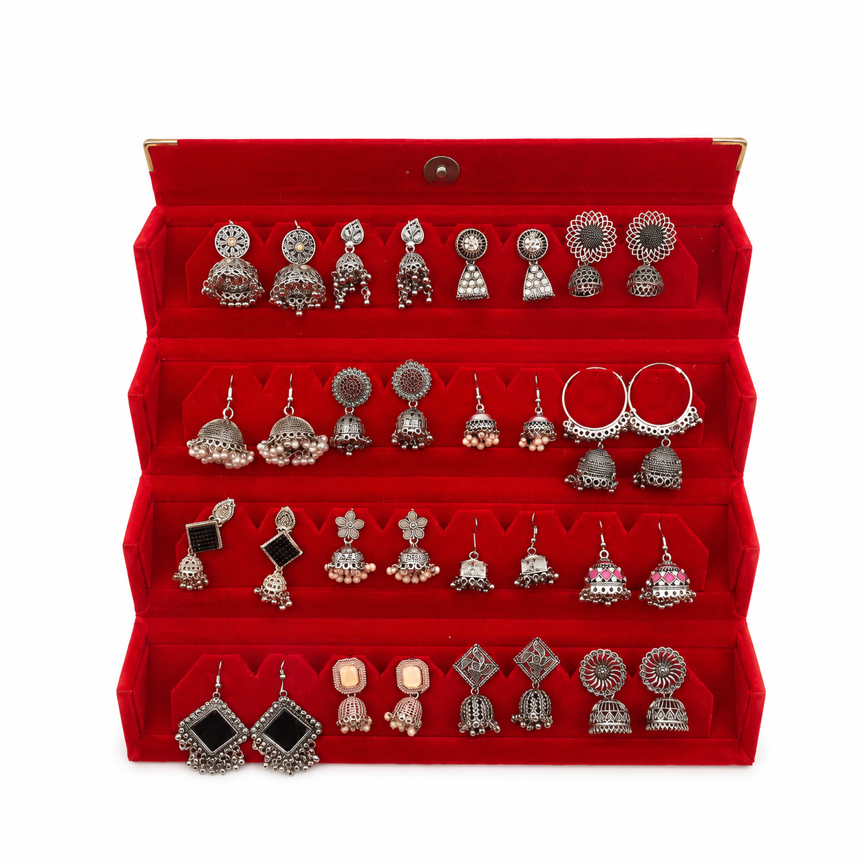 16 Pair Oxidized Jhumka Earrings Set – Traditional Ethnic Earrings Collection with Red Velvet Jewelry Box