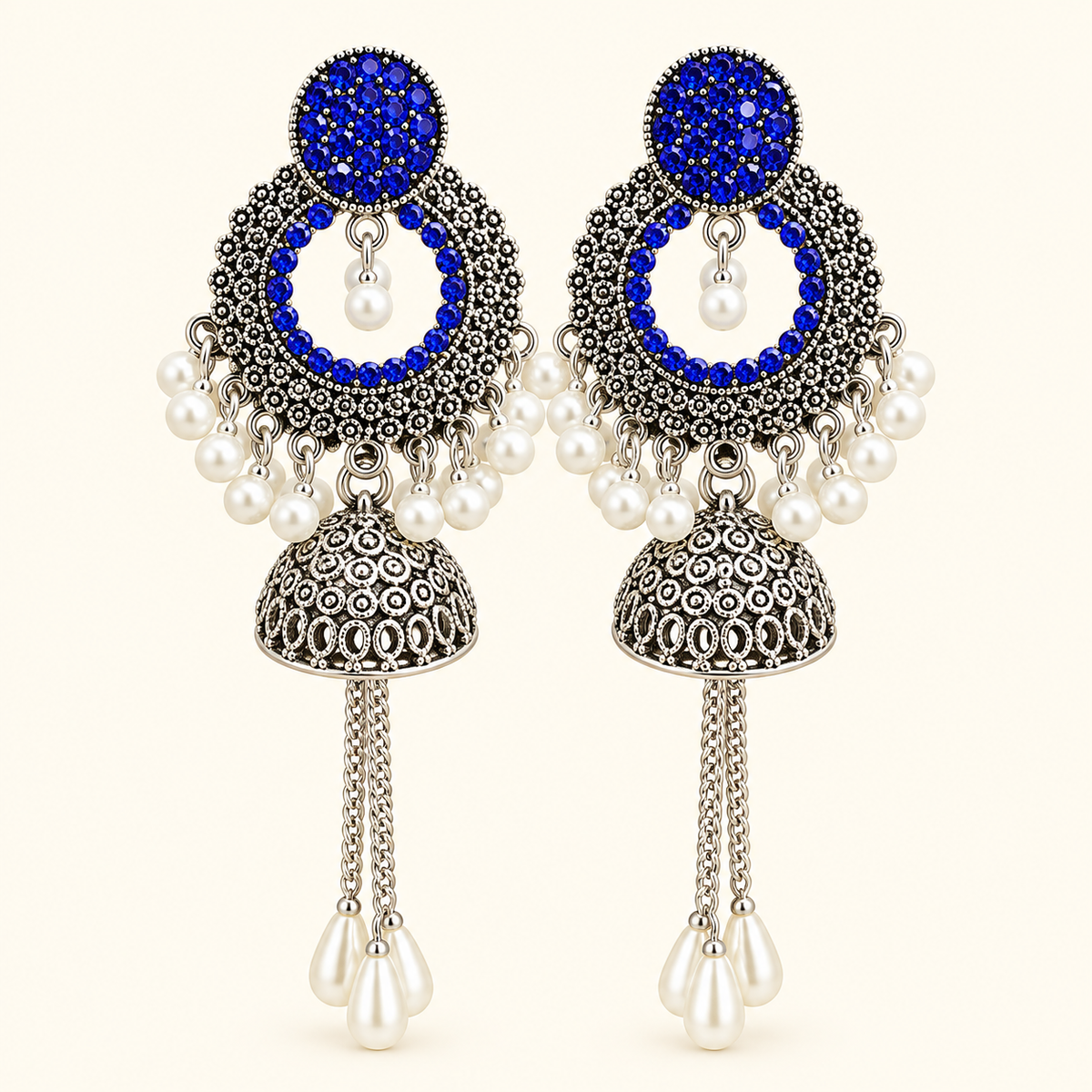 Indian Royal Blue Pearl Jhumka Earrings