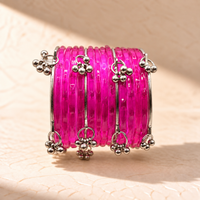 Jelly Jingle Bangles in Hot Pink — glossy jelly bangles with silver jingle charms