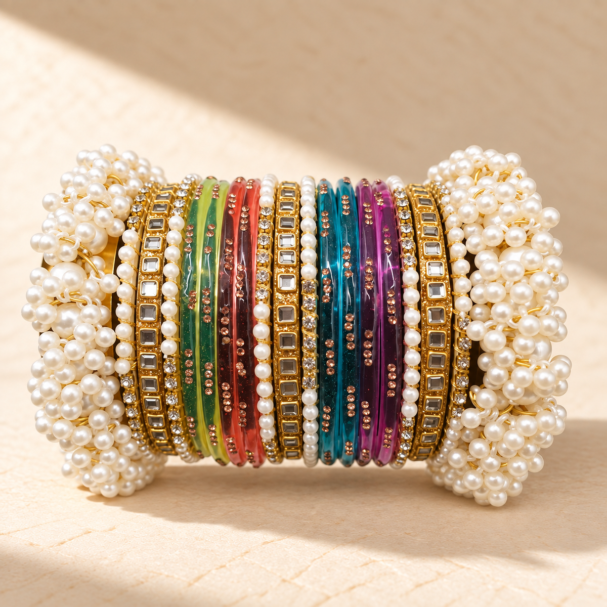 Pearl Kundan Traditional Bangle Set – Multiple Colors