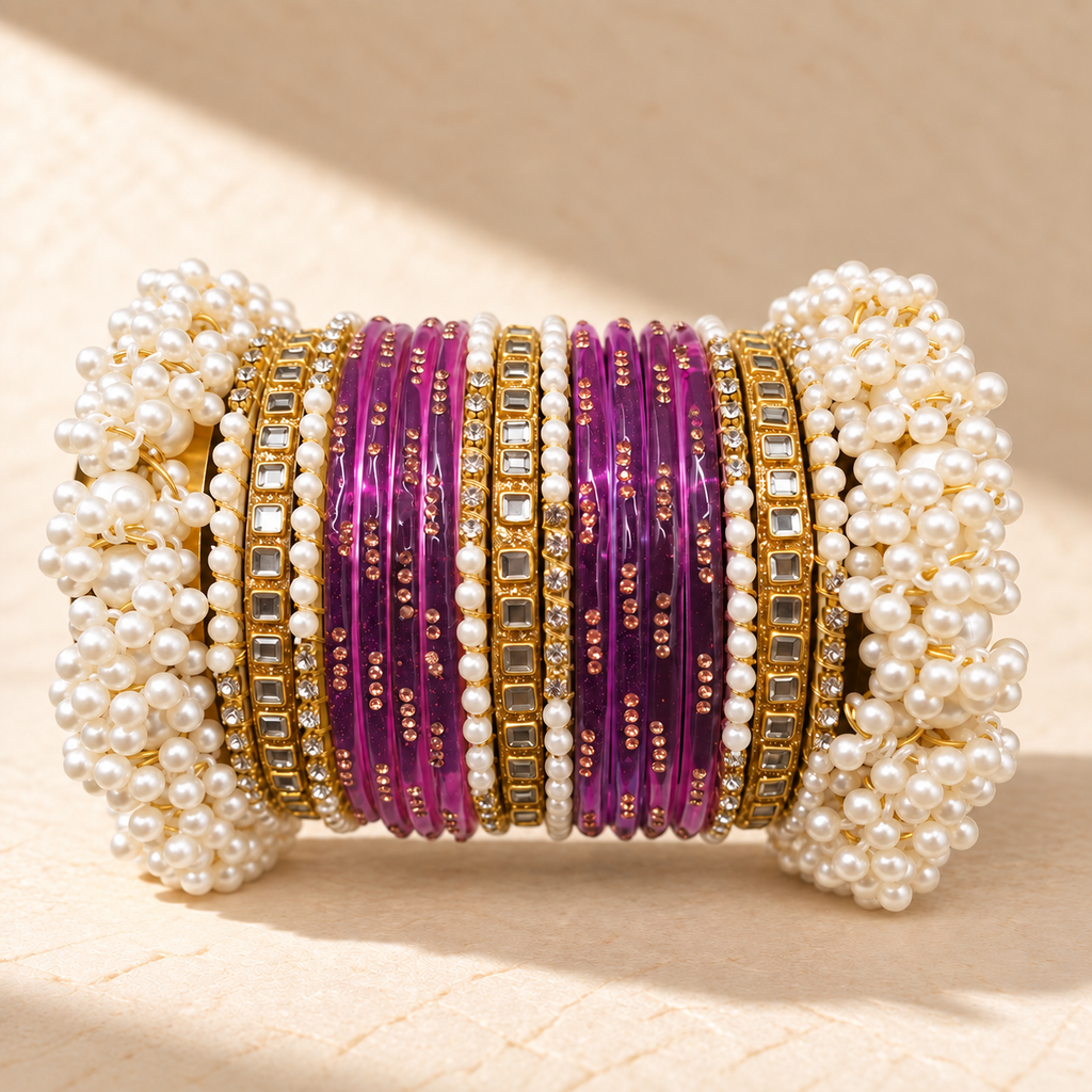 Pearl Kundan Traditional Bangle Set – Multiple Colors