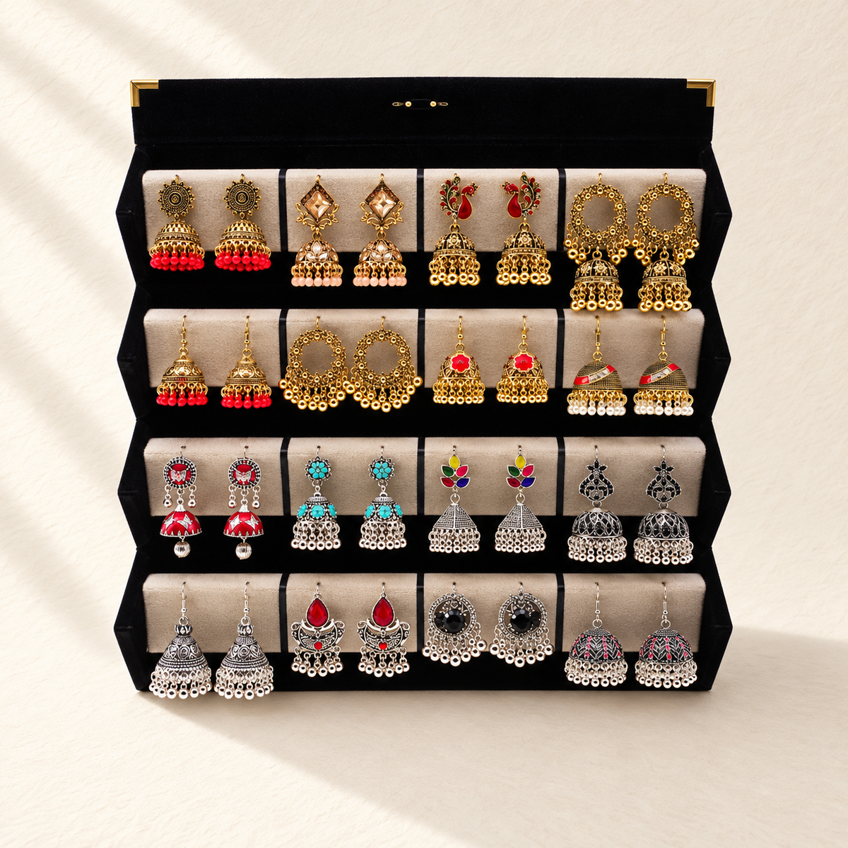 16-Pair Gold & Oxidized Jhumka Box