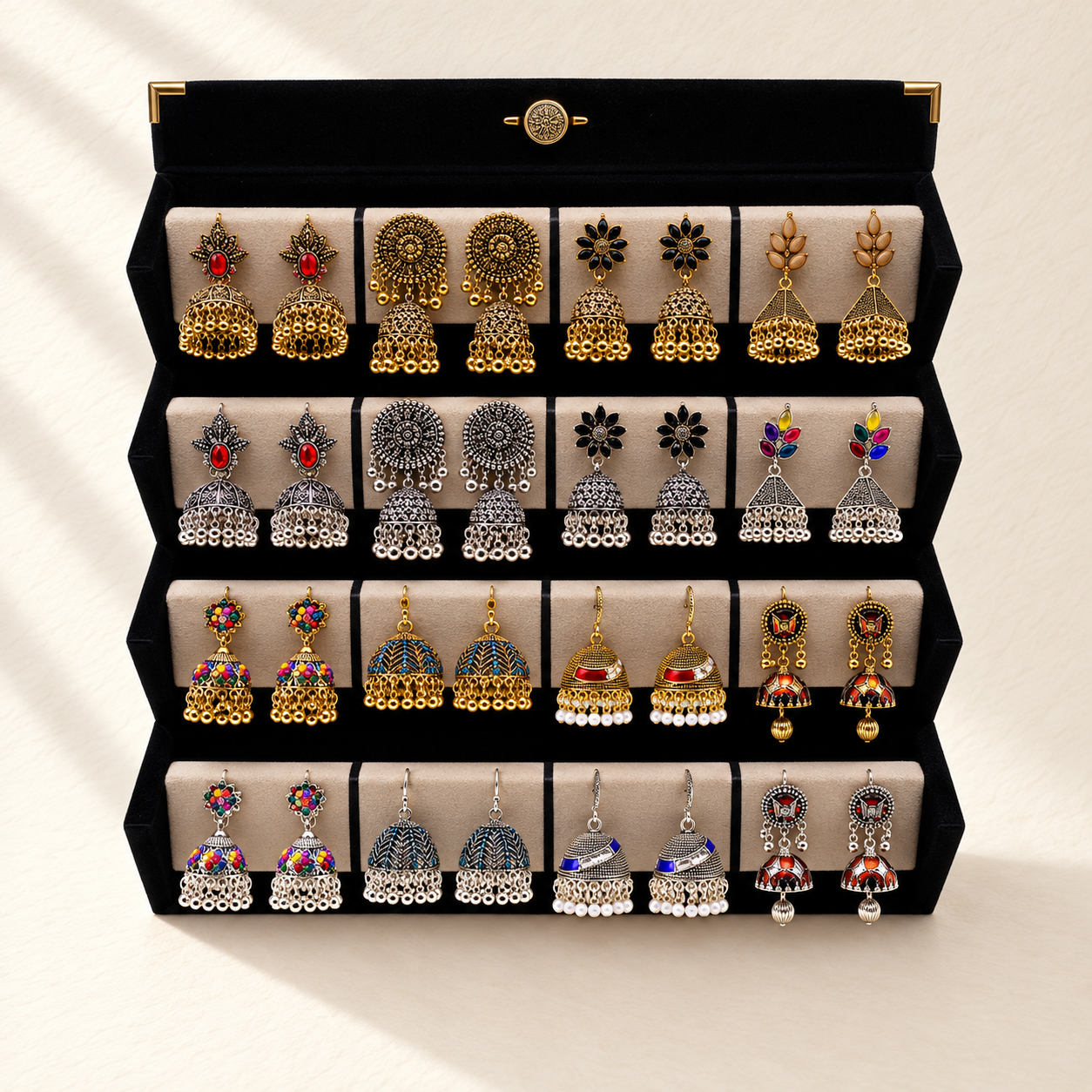 16-Pair Antique Gold & Silver Jhumka Box