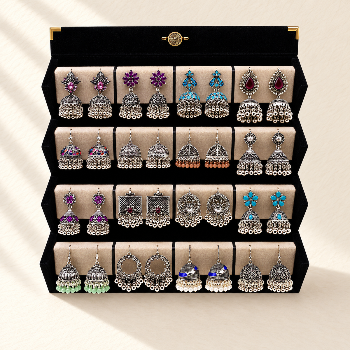 16-Pair Oxidized Silver Jhumka Box