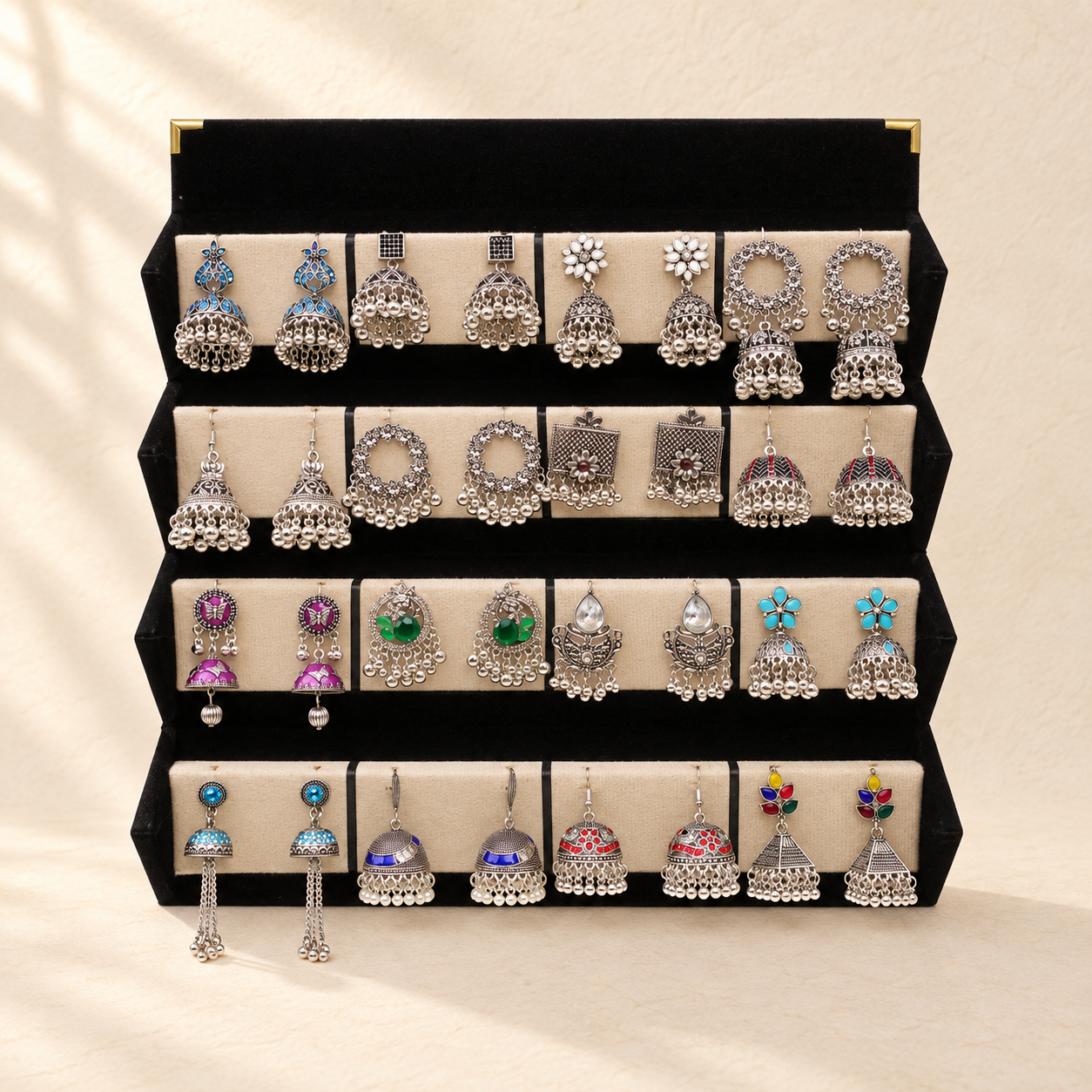 16-Pair Oxidized Silver Jhumka Box