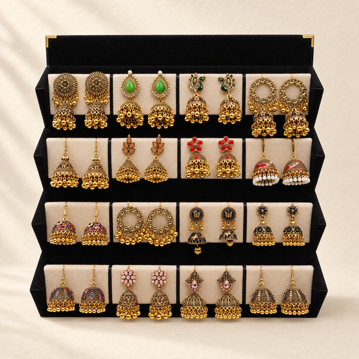 16-Pair Antique Gold Jhumka Box