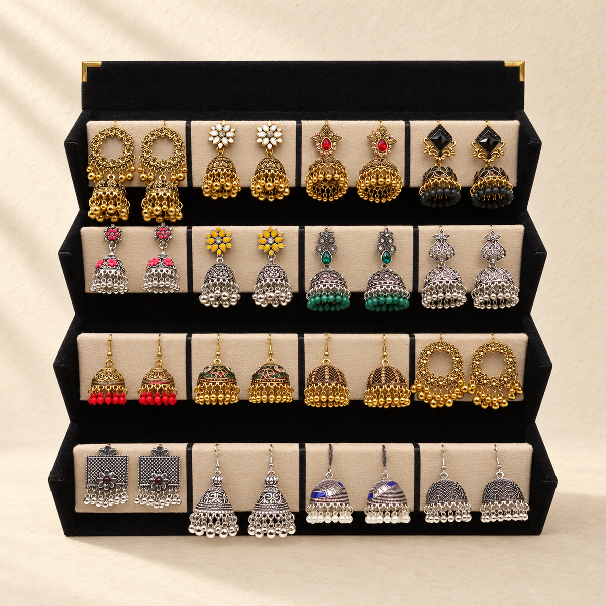 16-Pair Antique Gold & Silver Jhumka Box