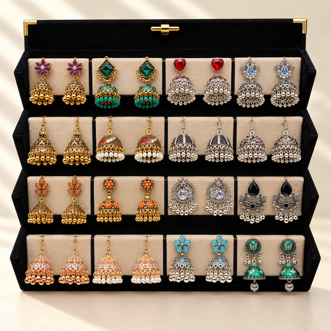 16-Pair Mixed Gold & Silver Jhumka Box