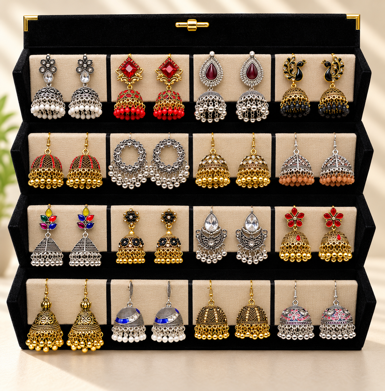 16-Pair Gold & Silver Jhumka Earrings Box