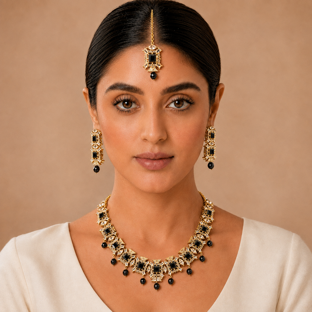 Black Stone Gold Jewelry Set – Necklace, Earrings & Maang Tikka – view 2