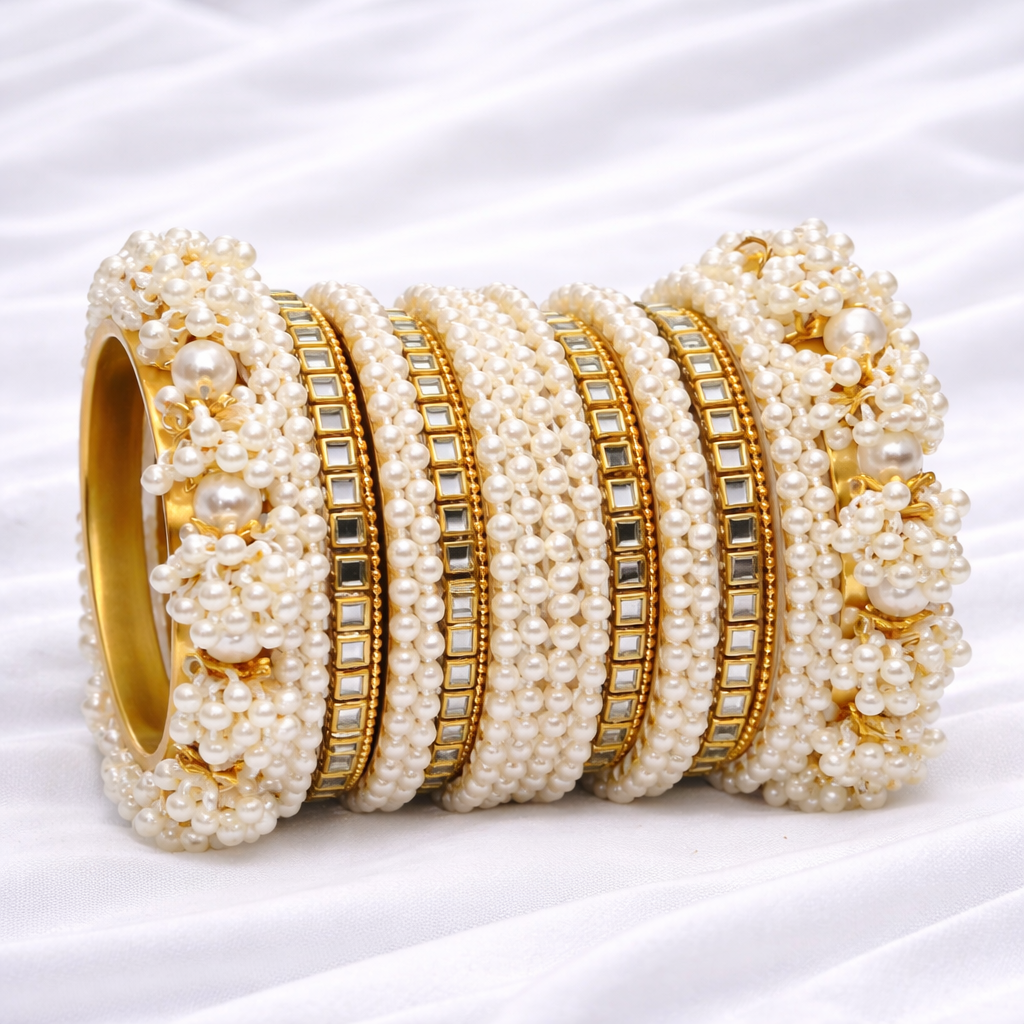 Luxury Ivory Pearl Kundan Bridal Bangle Set
