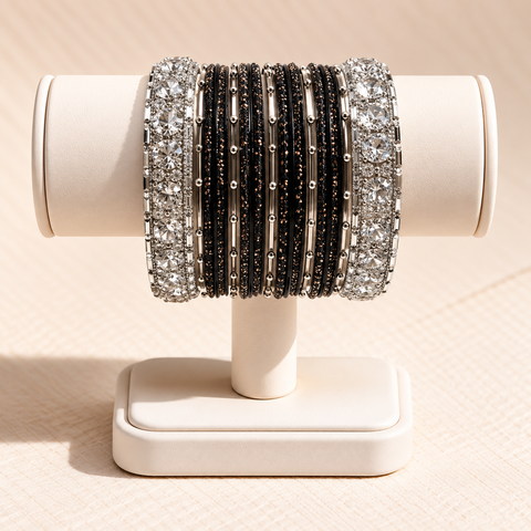 Siyah Sitara Black & Silver Crystal Bangle Set