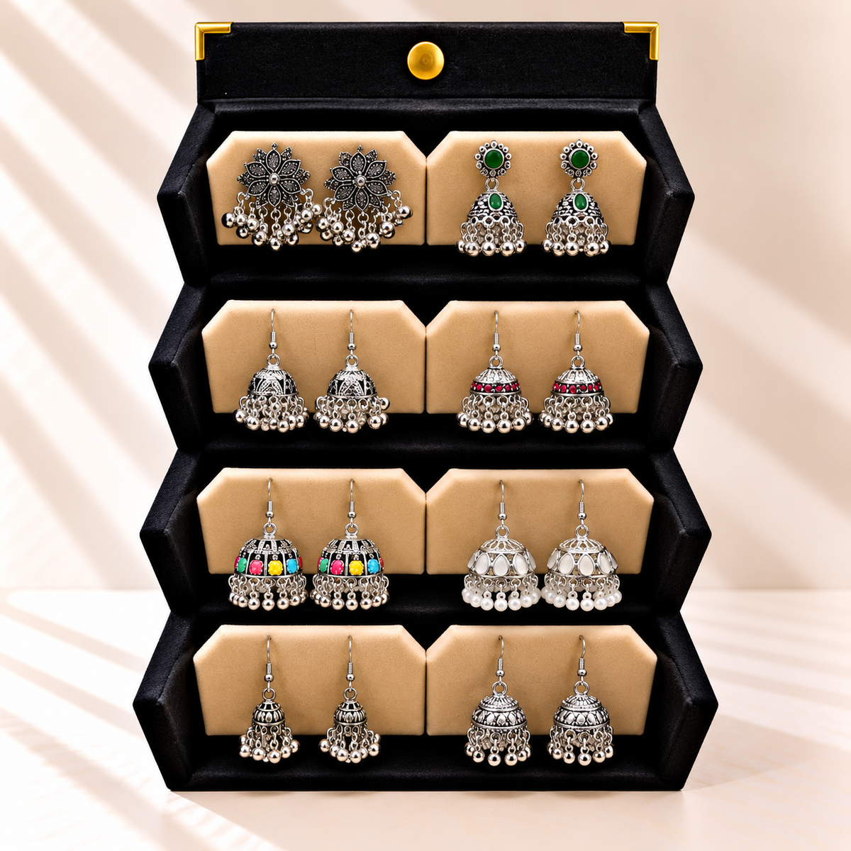 Chandi-e-Bahar 8-Pair Oxidized Silver Jhumka Box