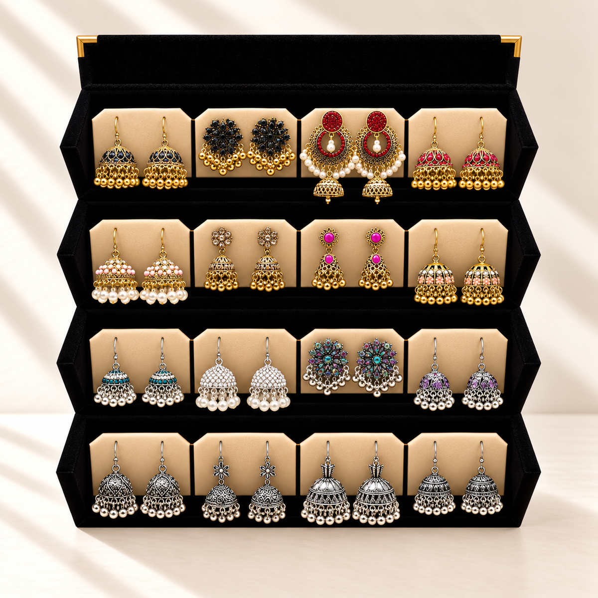 Zar-o-Chandi 16-Pair Royal Gold & Silver Jhumka Box