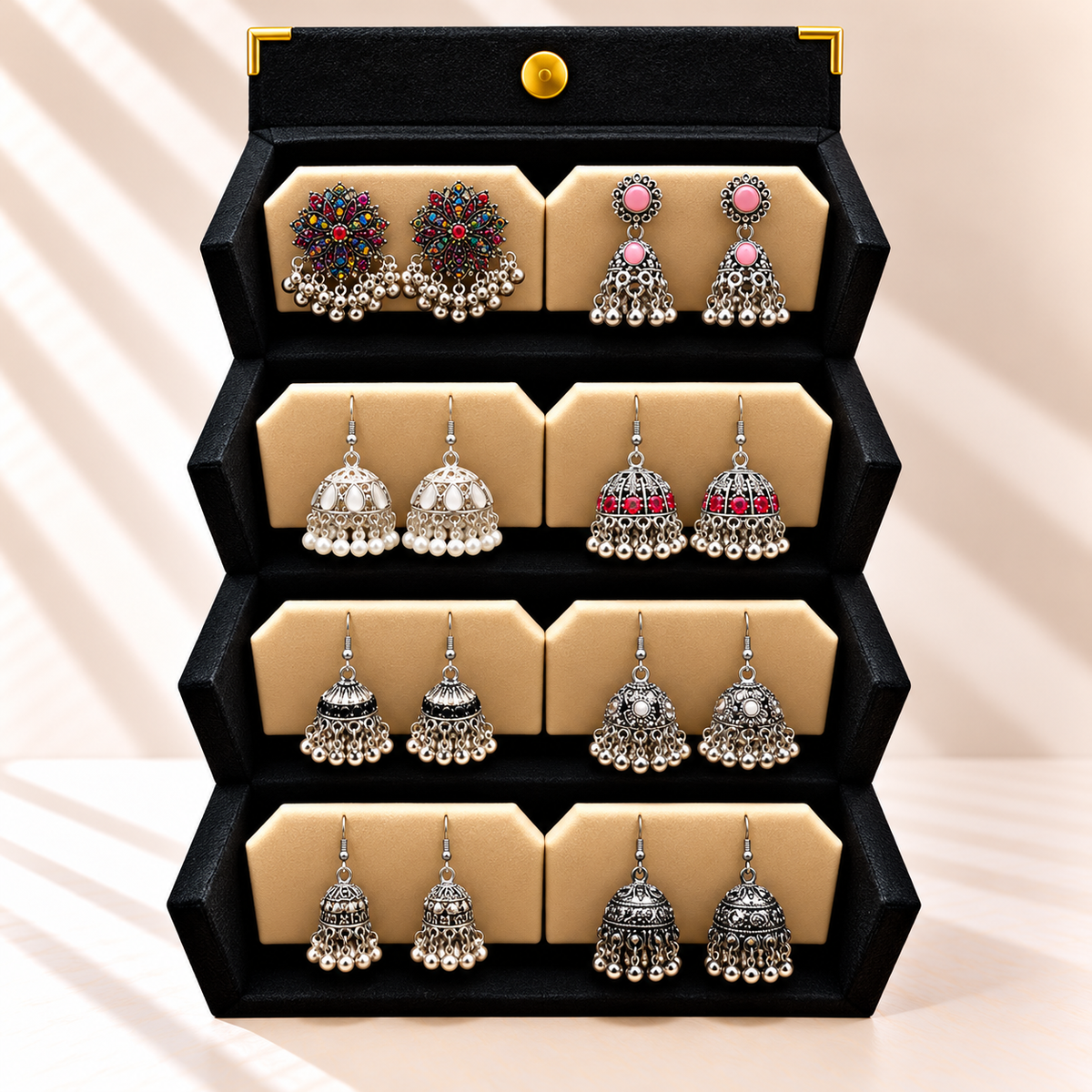 Rang-e-Chandi 8-Pair Oxidized Silver Jhumka Box