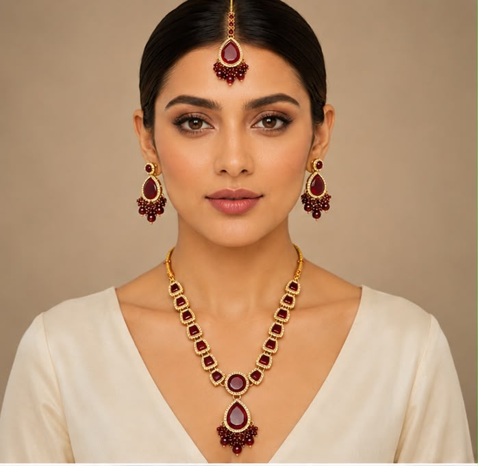 Ruby Red Teardrop Jewelry Set – Necklace, Earrings & Maang Tikka – view 2