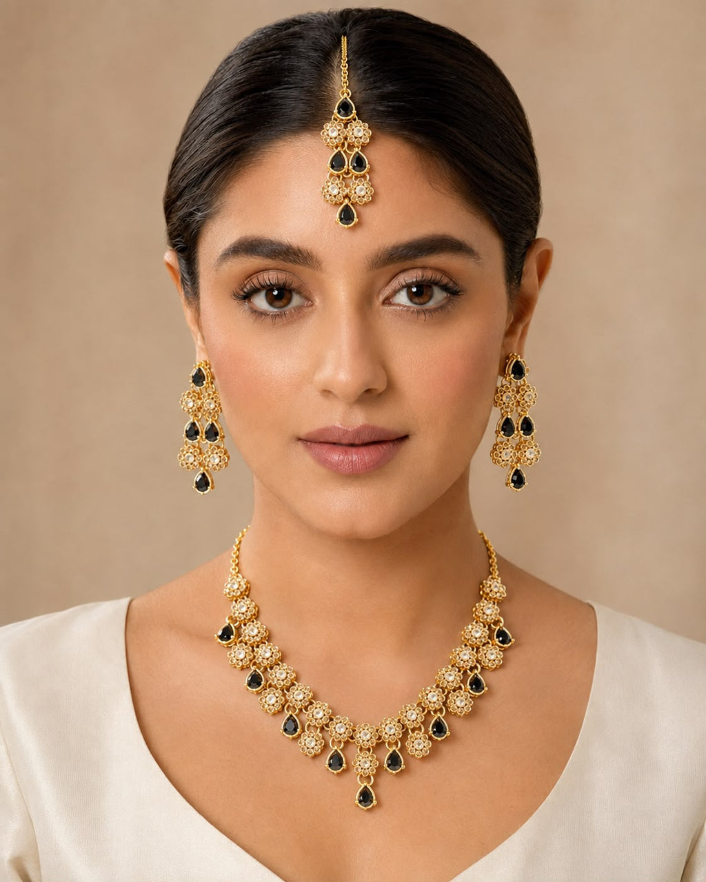 Black Teardrop Floral Jewelry Set – Necklace, Earrings & Maang Tikka – view 2