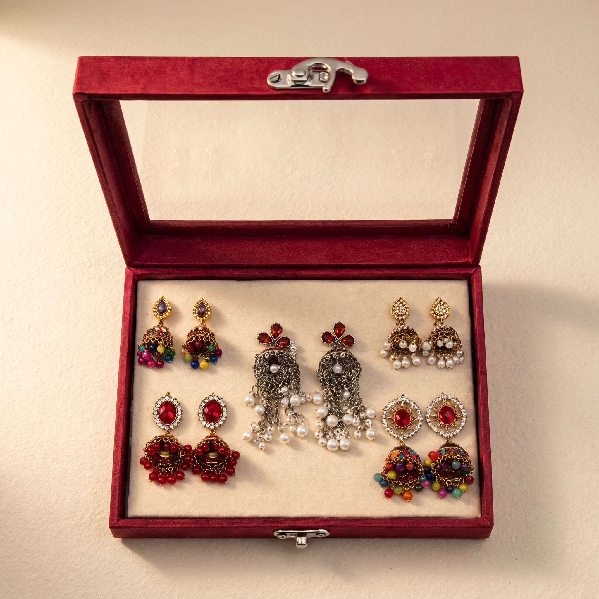 Multi-color jhumka earrings set on warm ivory paper