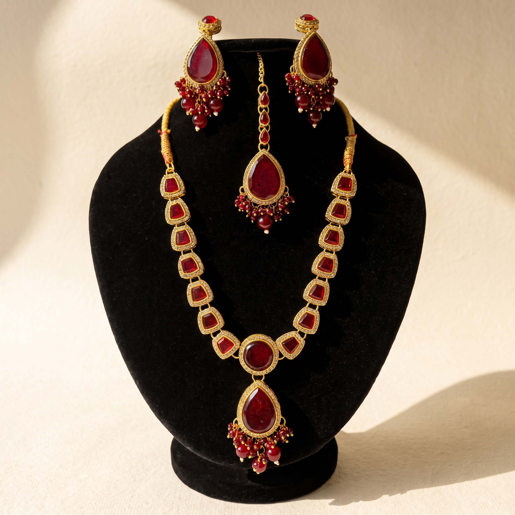 Ruby red teardrop jewellery set on warm ivory paper