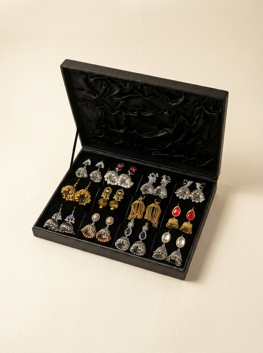 12 Pair Jhumka Earrings Collection – Multicolor Luxury Box – Festive & Party Wear