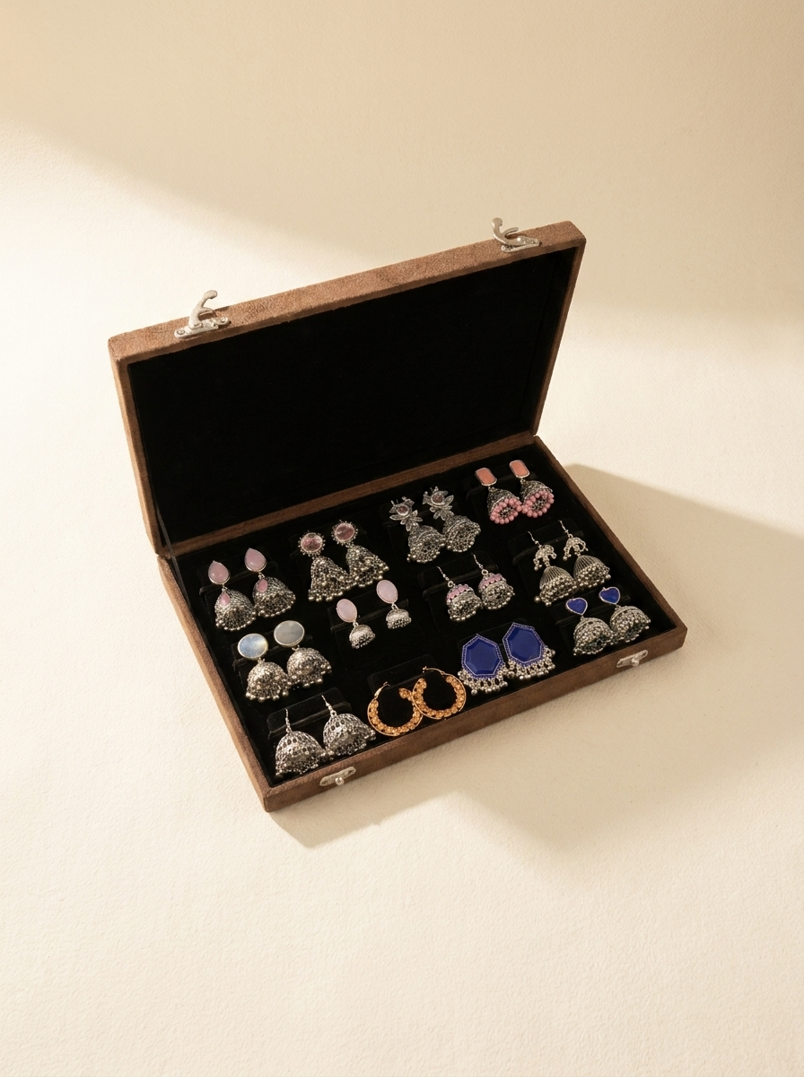 Luxe Silver Jhumka Earrings Collection with Velvet Jewellery Display Box – Festive Wear