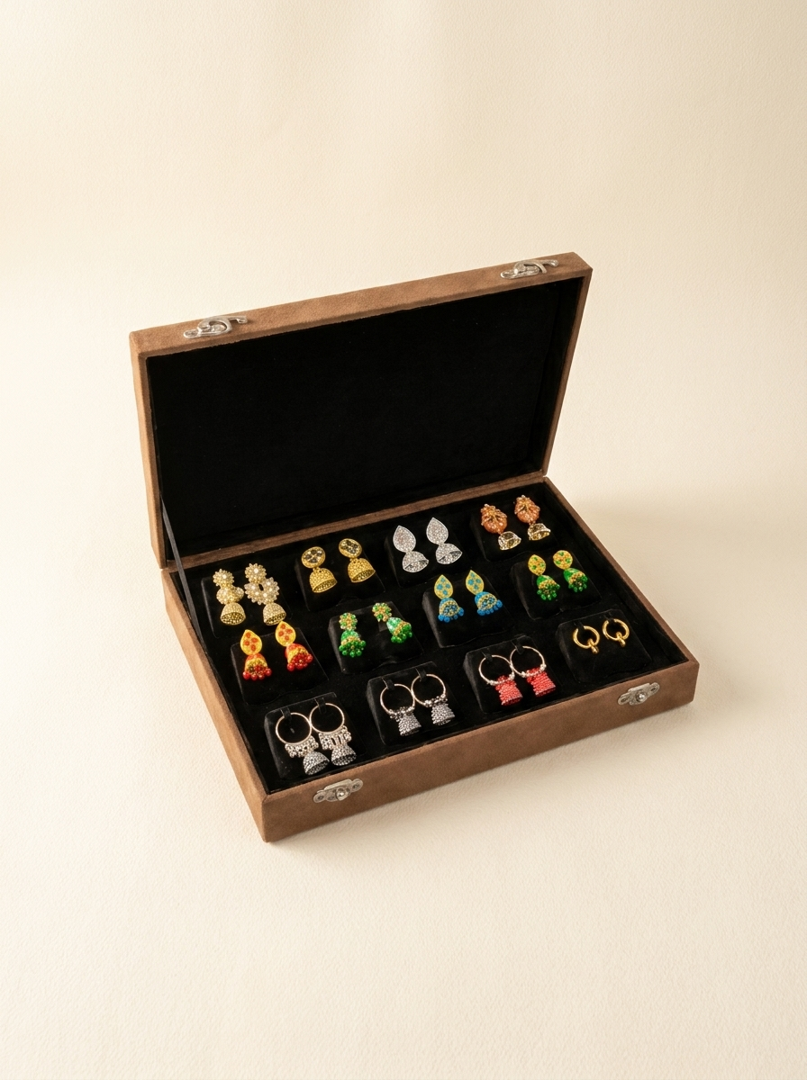 Colorful Jhumka & Hoop Earrings Collection in Velvet Jewellery Display Box – Festive Wear
