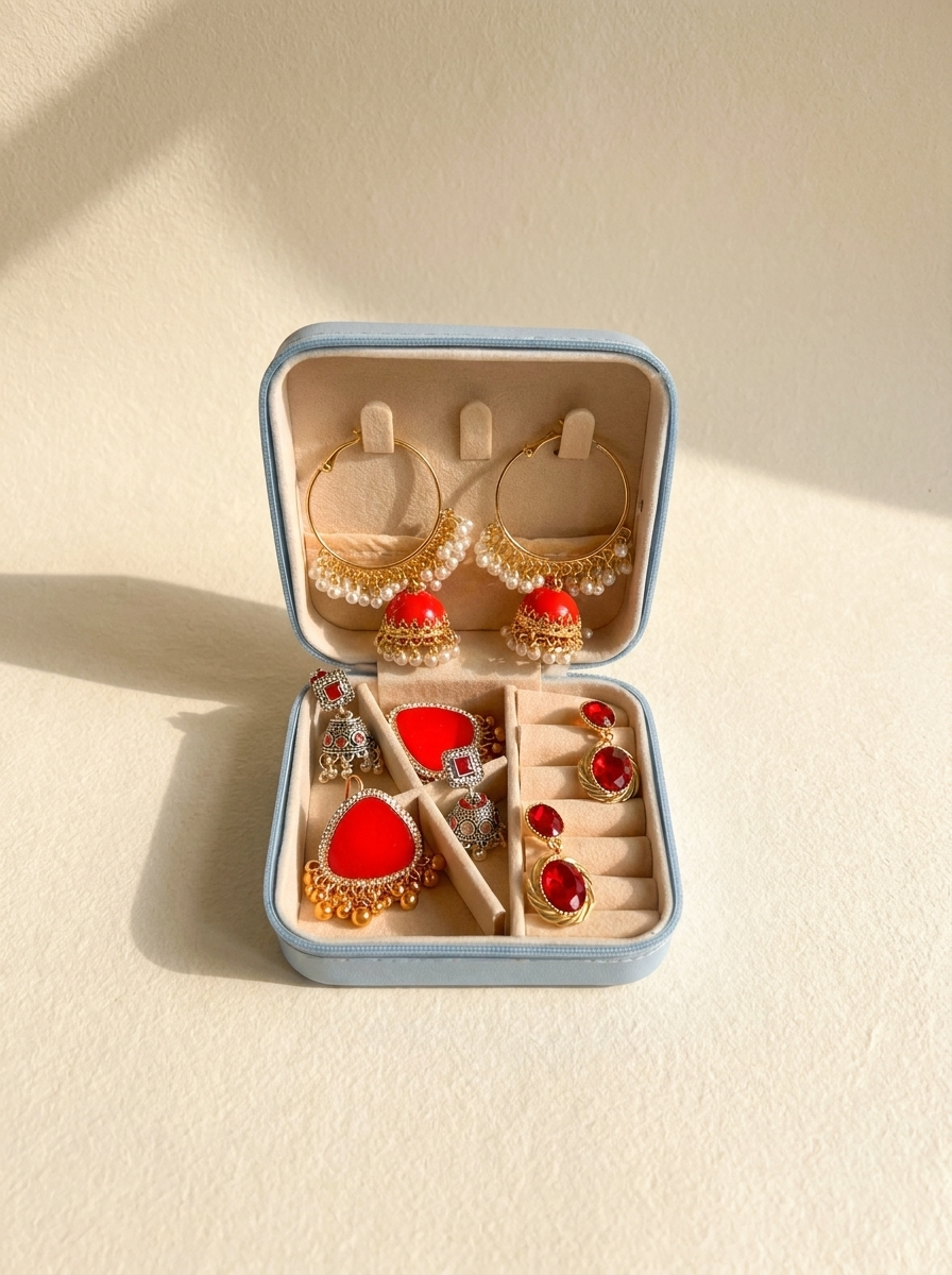 Elegant Red Mini Jhumka Jewellery Box – Eid & Wedding Collection