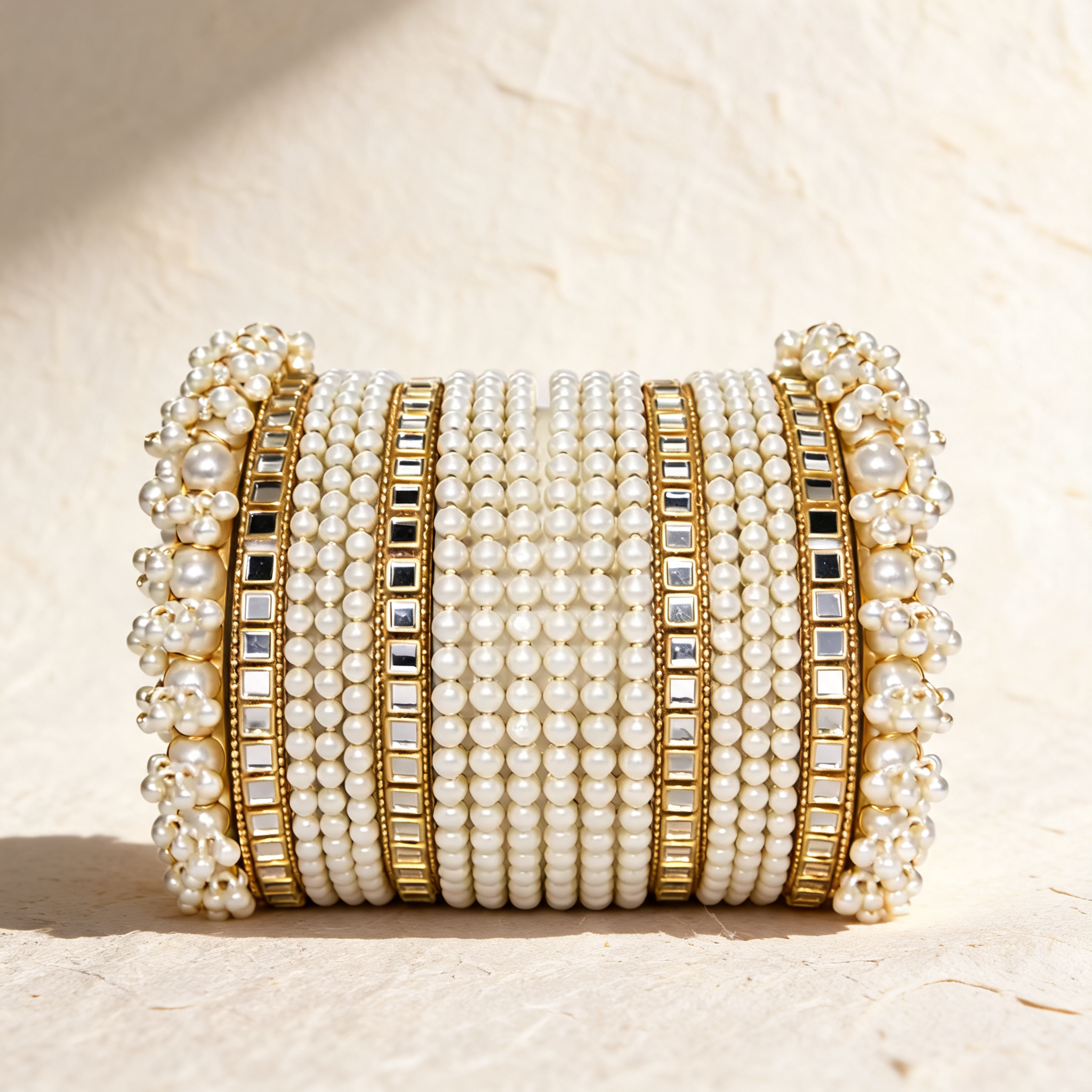 Luxury Pearl & Kundan Kara Set – 2 Large + 12 Small + 4 Kundan Bangles – Festive Wear