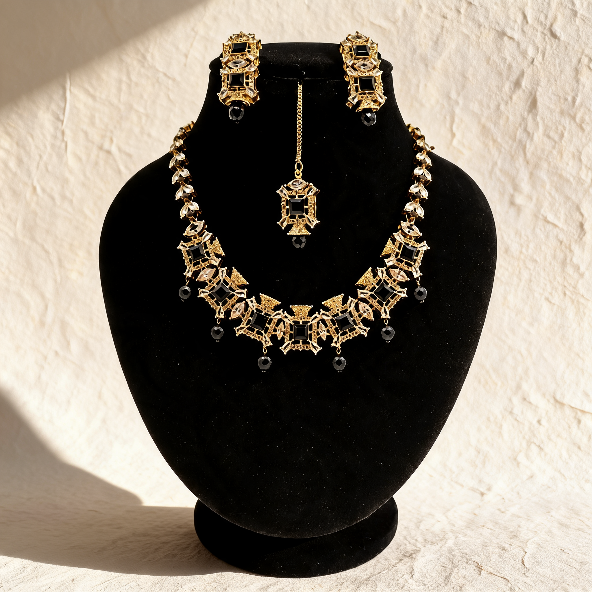 Signature Black Stone Gold Jewellery Set – Necklace, Earrings & Maang Tikka – Festive Wear