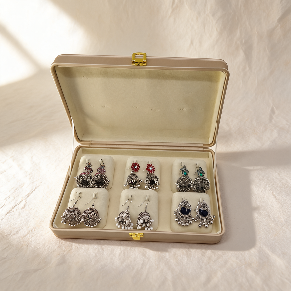 Premium Festive Jhumka Set – 6 Pairs Designer Oxidized Earrings in Velvet Box