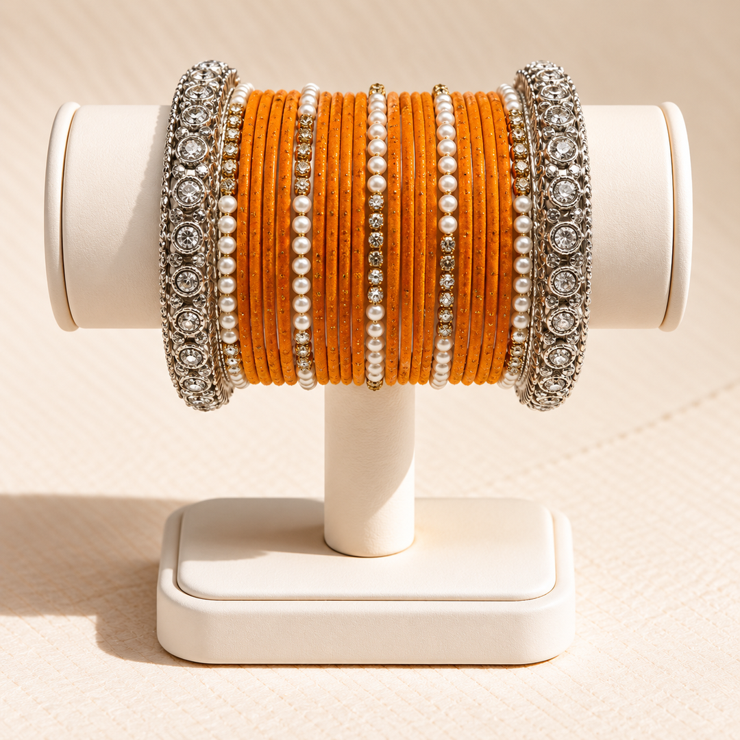 Narangi Noor Orange & Silver Pearl Bangle Set