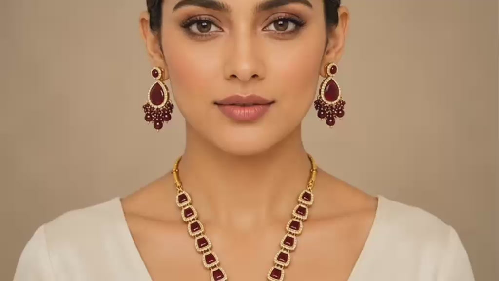 Ruby Red Teardrop Jewellery Set – Necklace, Earrings & Maang Tikka – Eid & Wedding Collection