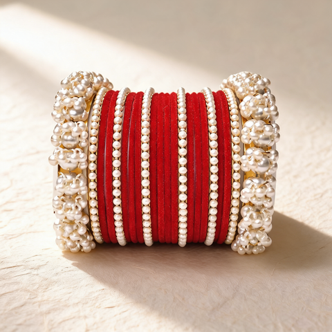 Red Pearl Bridal Velvet Bangle Set – Gold Detailing – Traditional Occasion Wear