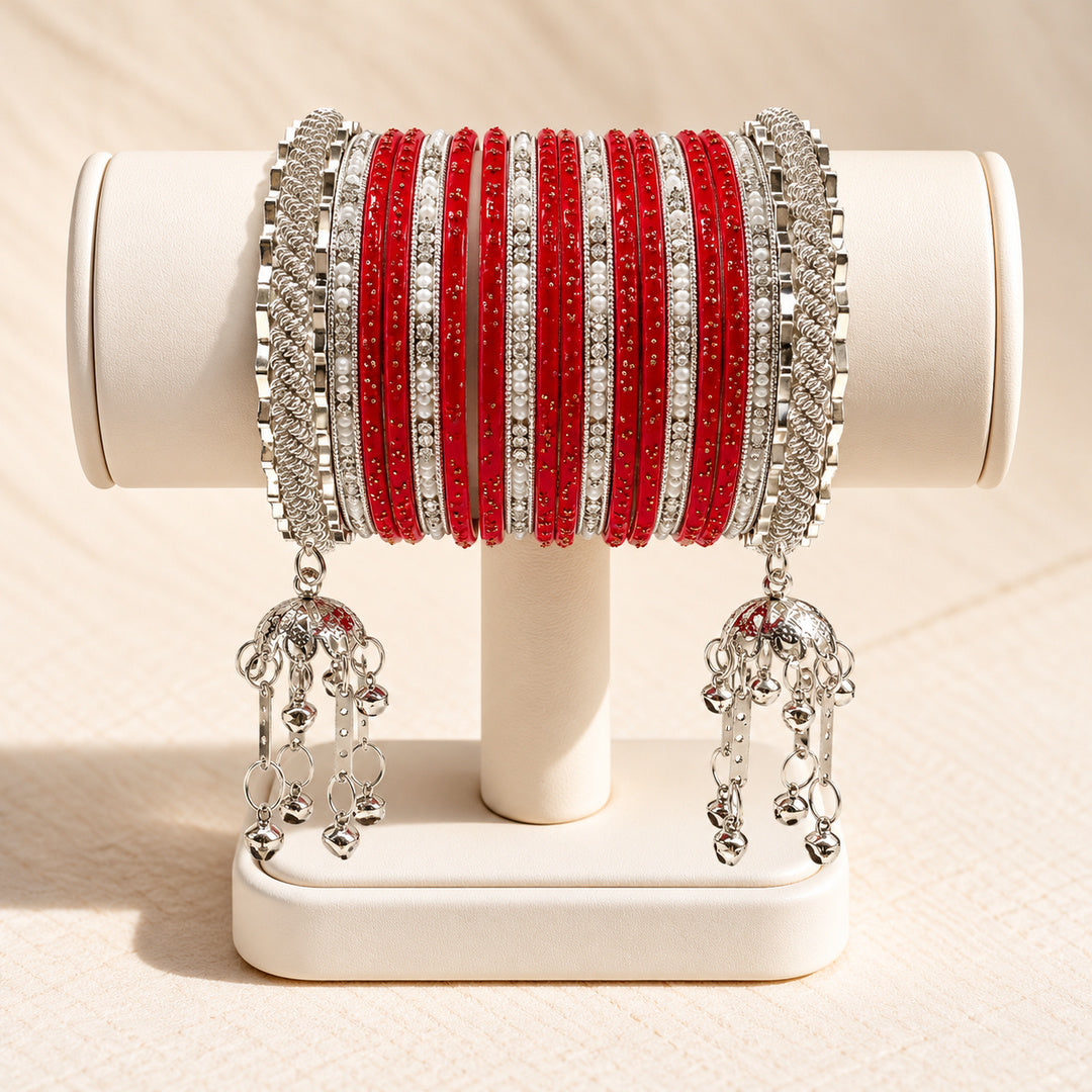 Surkh Noor Red & Silver Charm Bangle Set