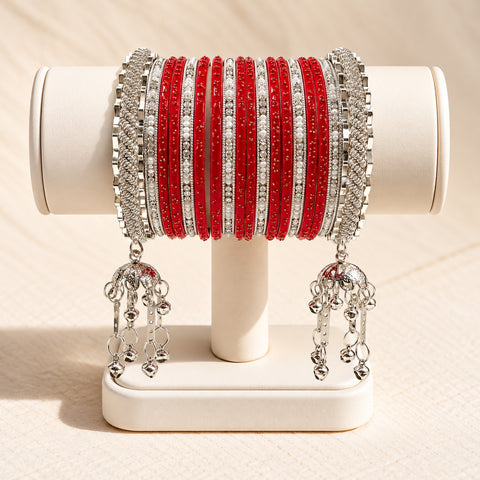 Surkh Noor Red & Silver Charm Bangle Set